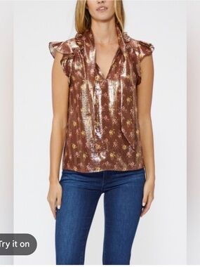 PAIGE Metallic Bronze Silk Floral Tie-Neck top